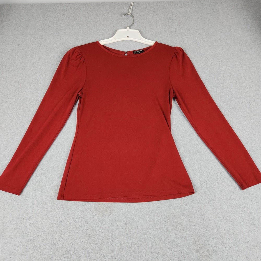 Express Top Womens Medium Red Crepe Stretch Long Sleeve Keyhole Back Slim Fit
